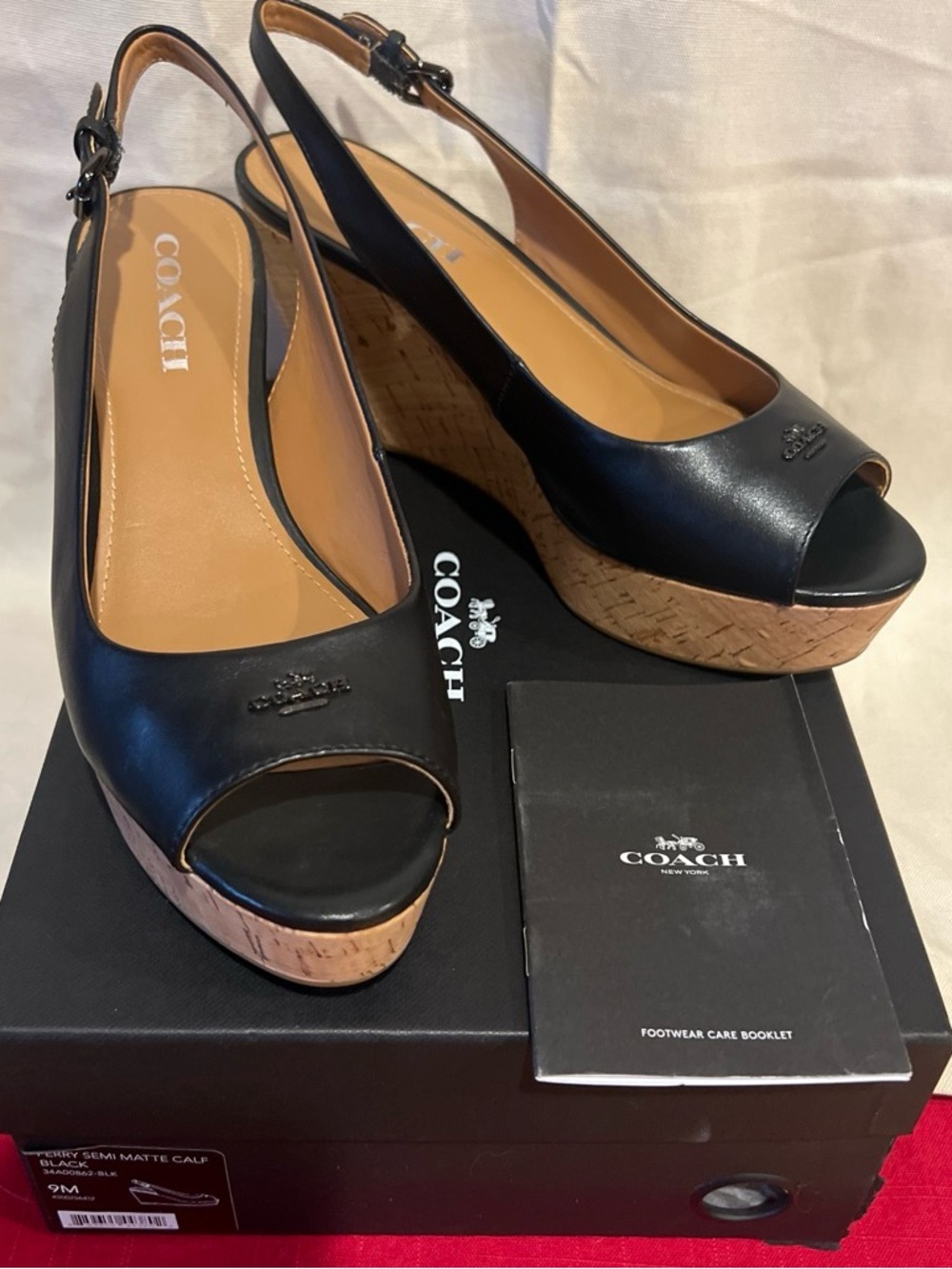 COACH Black Leather Peep-Toe Cork Wedge Slingbacks